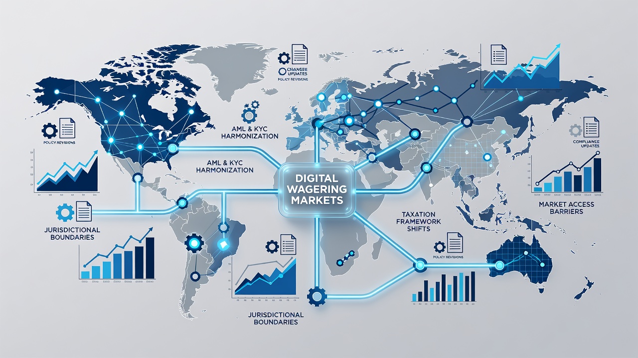 Global map highlighting regulatory zones and data flows in digital wagering